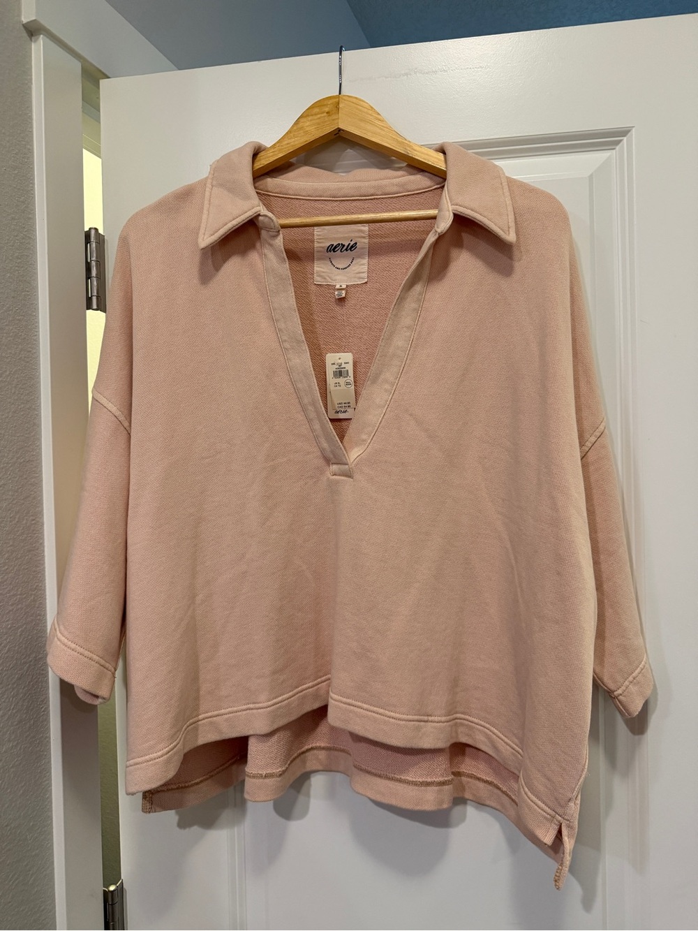 aerie Blush Pink Collared V-Neck Pullover Hoodie